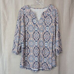 Romanstii Women's 2XL Tunic Bohemian Floral Geometric Print Long Sleeve V-Neck